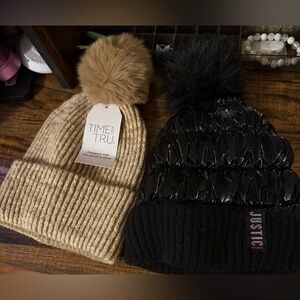Time and Tru Tan Knit Pom-Pom Hat NEW with tag and black Justice puffer hat